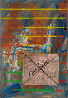 地図のミステイク　カンヴァスに油彩・アキーラ・コラージュ・テープ　2016　　SM